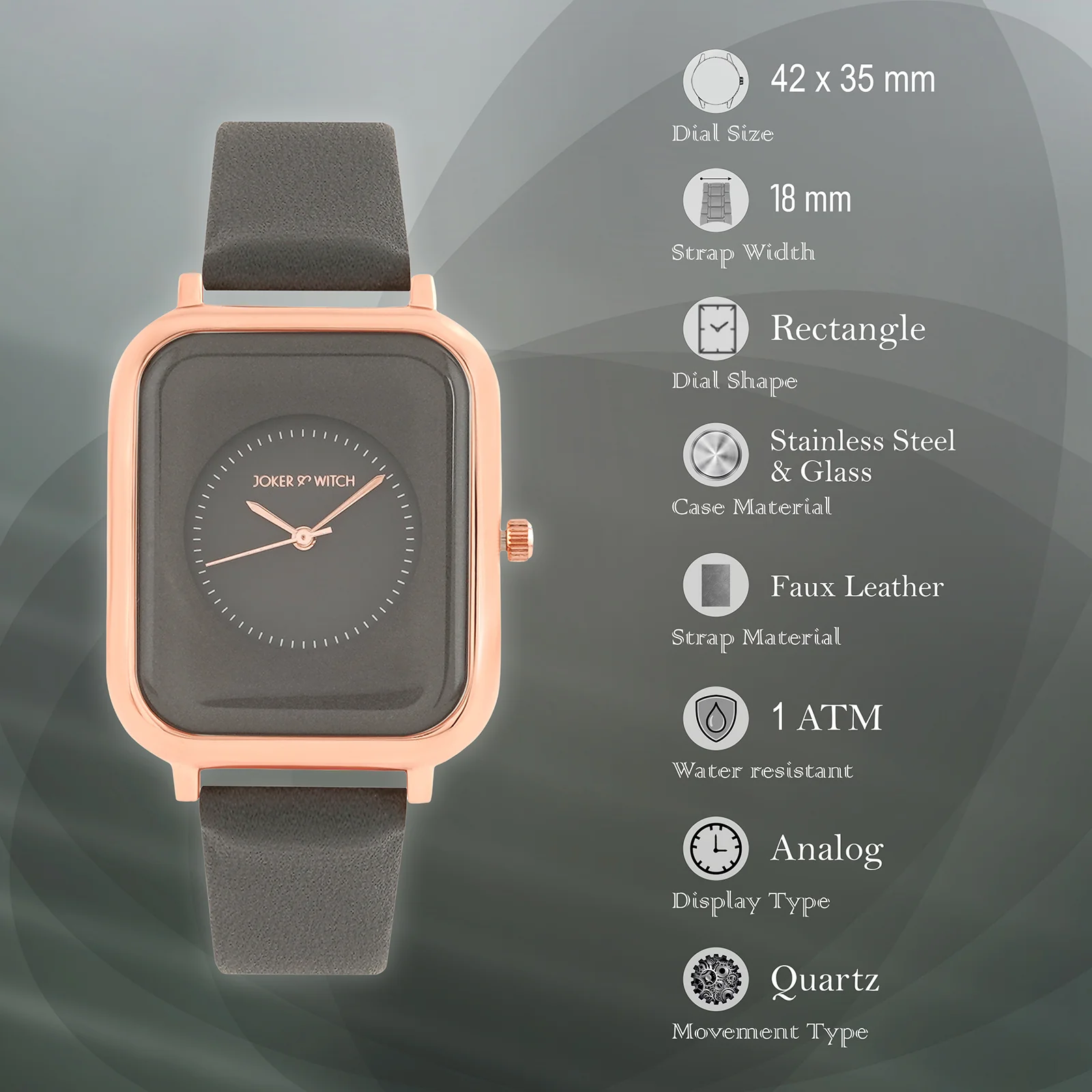 Utopia Grey Medium Rectangle Dial PU Strap Unisex Watch - Image 7