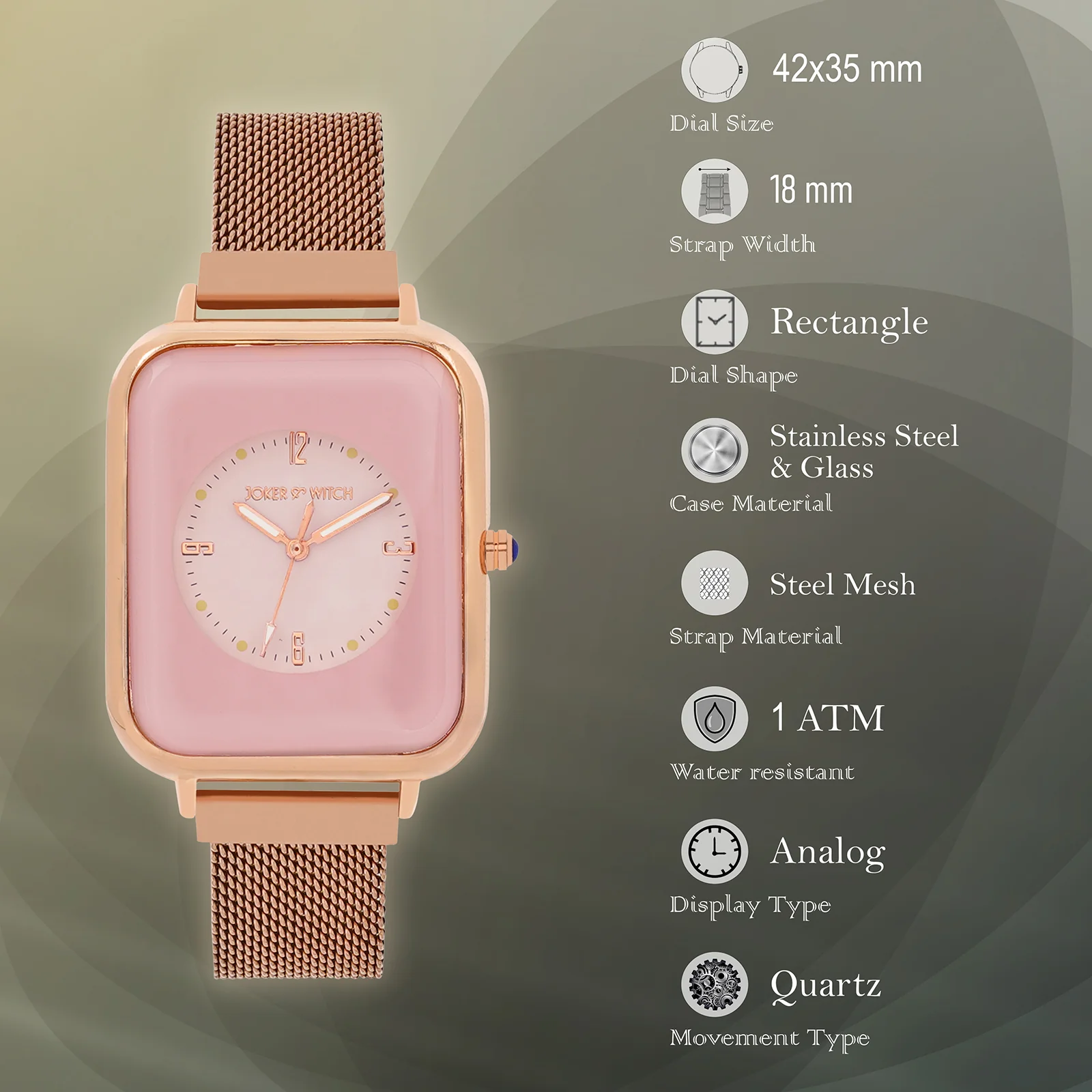 Utopia Pink Medium Rectangle Dial Rose Gold Magnetic Strap Women's Watch - Image 7