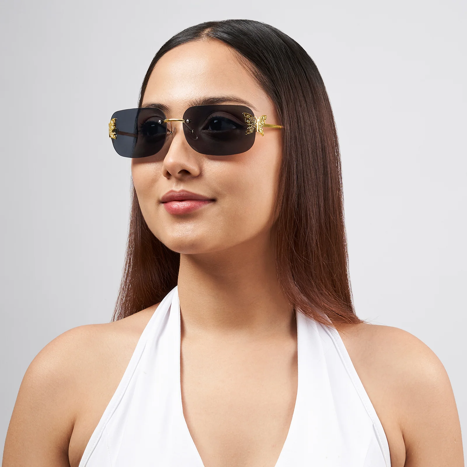 Vanessa Butterfly Sunglasses With A Gold Frame And Grey Ombre Lenses - Image 2