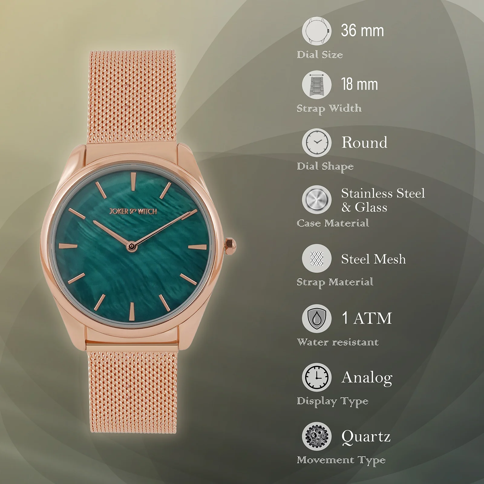Venice Green Medium Dial Rose Gold Mesh Strap Women's Watch - Image 7