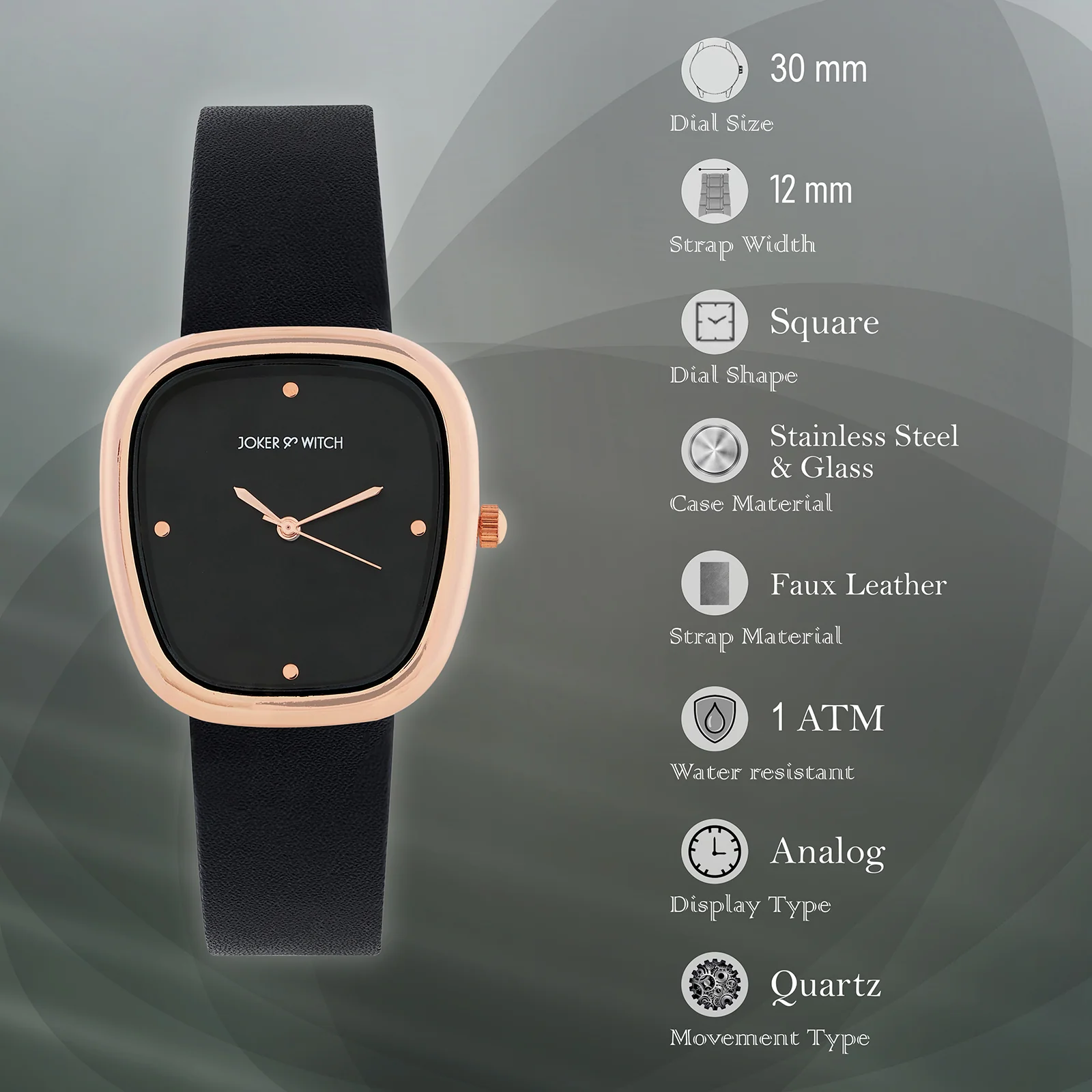 Verity Black Medium Square Dial PU Strap Women's Watch - Image 7