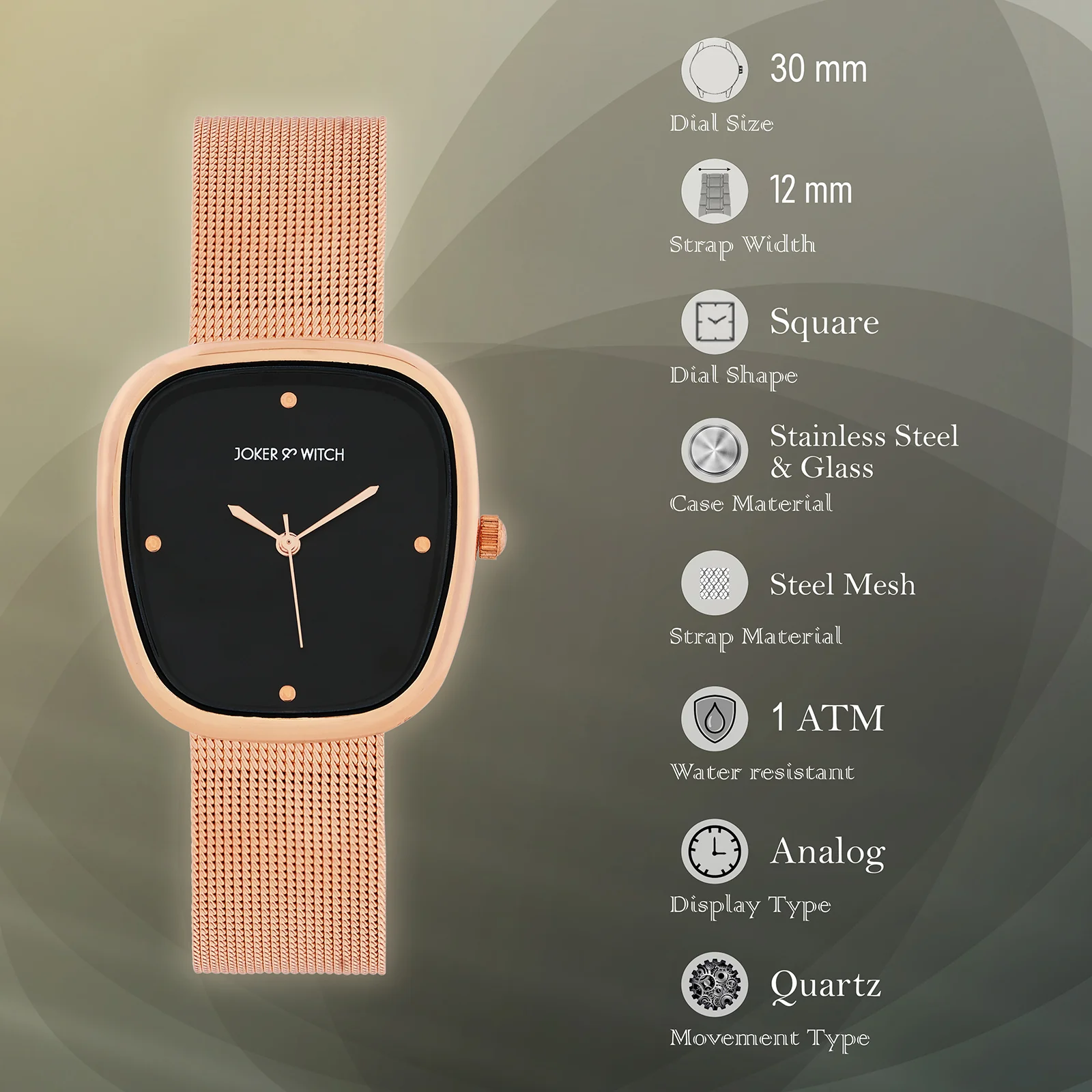 Verity Black Medium Square Dial Rose Gold Mesh Strap Women's Watch - Image 7