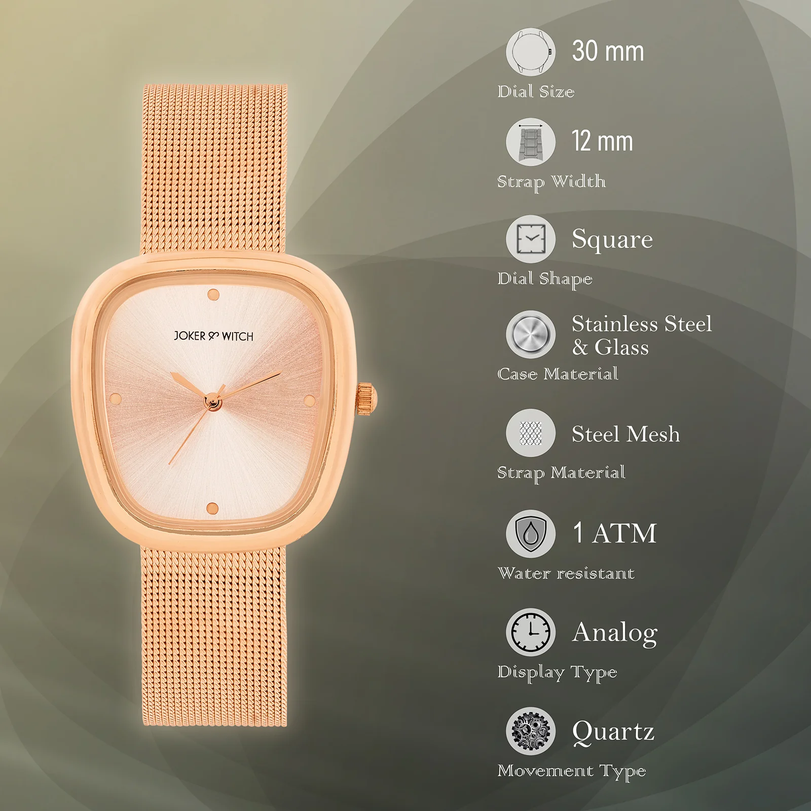 Verity Rose Gold Medium Square Dial Mesh Strap Women's Watch - Image 7