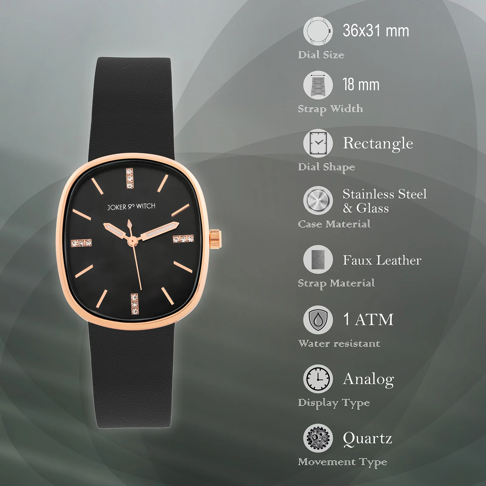 Verona Black Medium Rectangle Dial PU Strap Women's Watch - Image 7