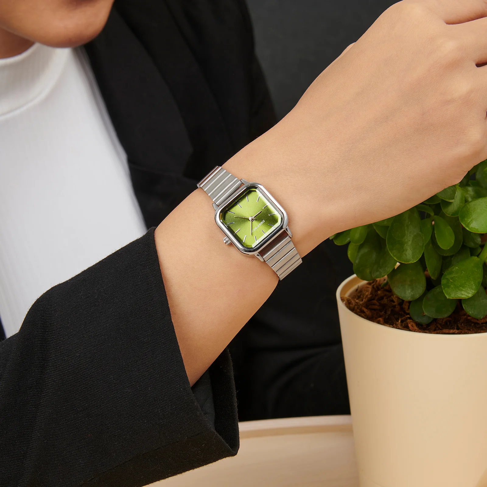 Vespera Green Mini Square Dial Silver Linked Chain Strap Women's Watch