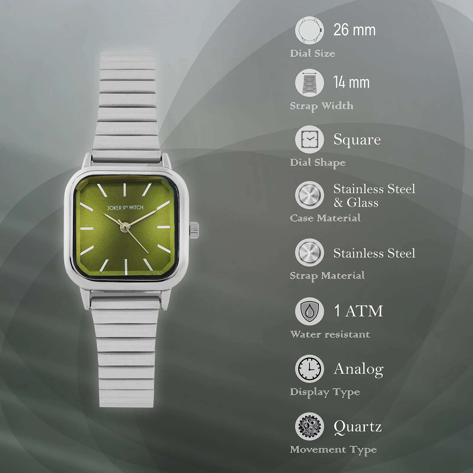 Vespera Green Mini Square Dial Silver Linked Chain Strap Women's Watch - Image 7