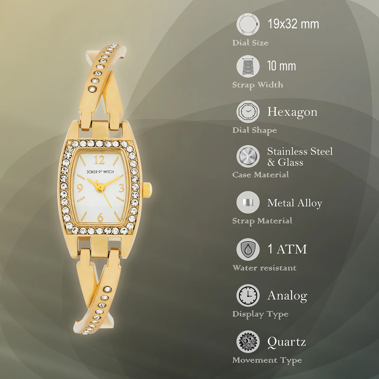 Victoria White Medium Hexagon Rhinestone Dial Gold Bracelet Strap Women's Watch - Image 7
