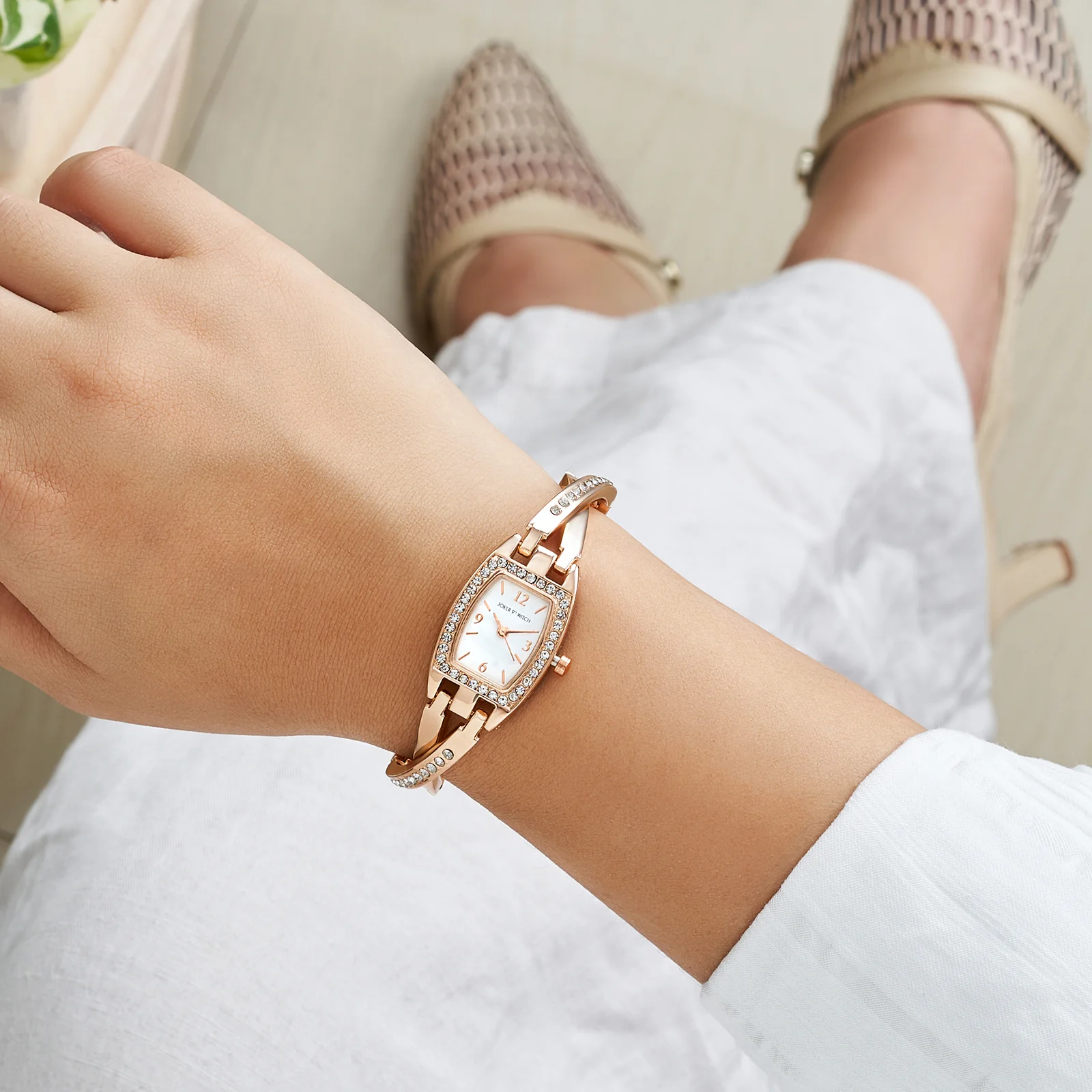 Victoria White Medium Hexagon Rhinestone Dial Rose Gold Linked Chain Strap Women's Watch - Image 2