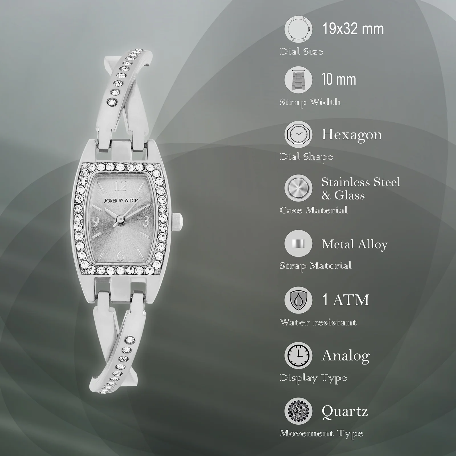 Victoria White Medium Hexagon Rhinestone Dial Silver Bracelet Strap Women's Watch - Image 7