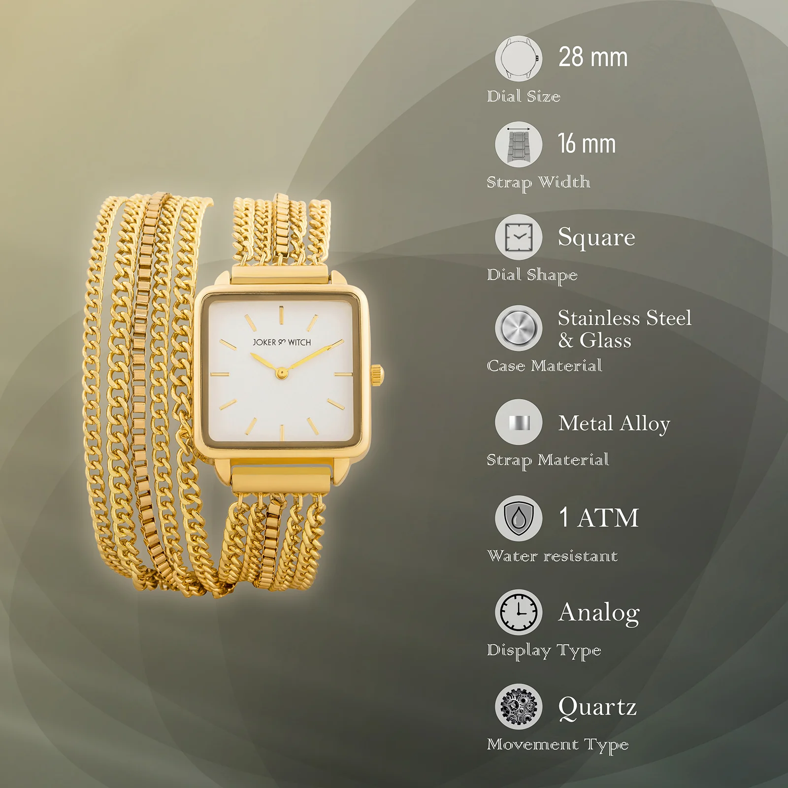 Vine White Small Square Dial Gold Chain Wrap Around Strap Women's Watch - Image 7