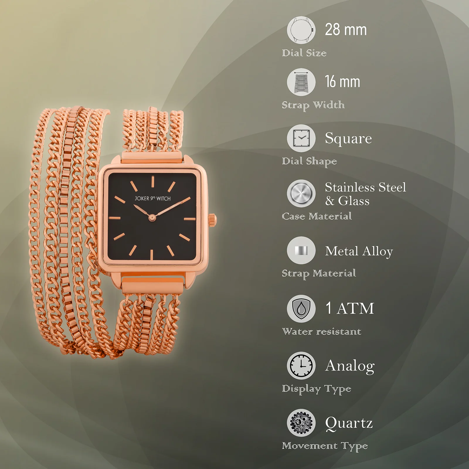 Vine Black Small Square Dial Rose Gold Chain Wrap Around Strap Women's Watch - Image 7