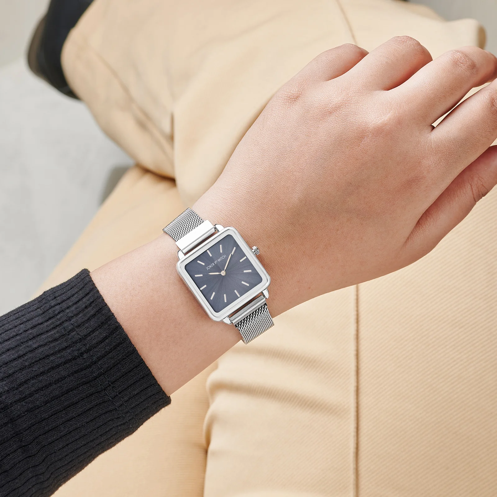 Vintage Grey Small Square Dial Silver Mesh Strap Women's Watch