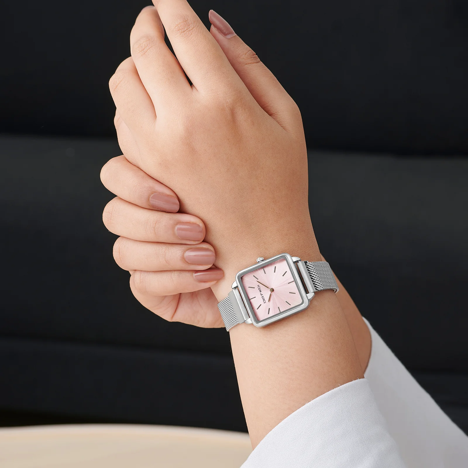 Vintage Pink Small Square Dial Silver Mesh Strap Women's Watch