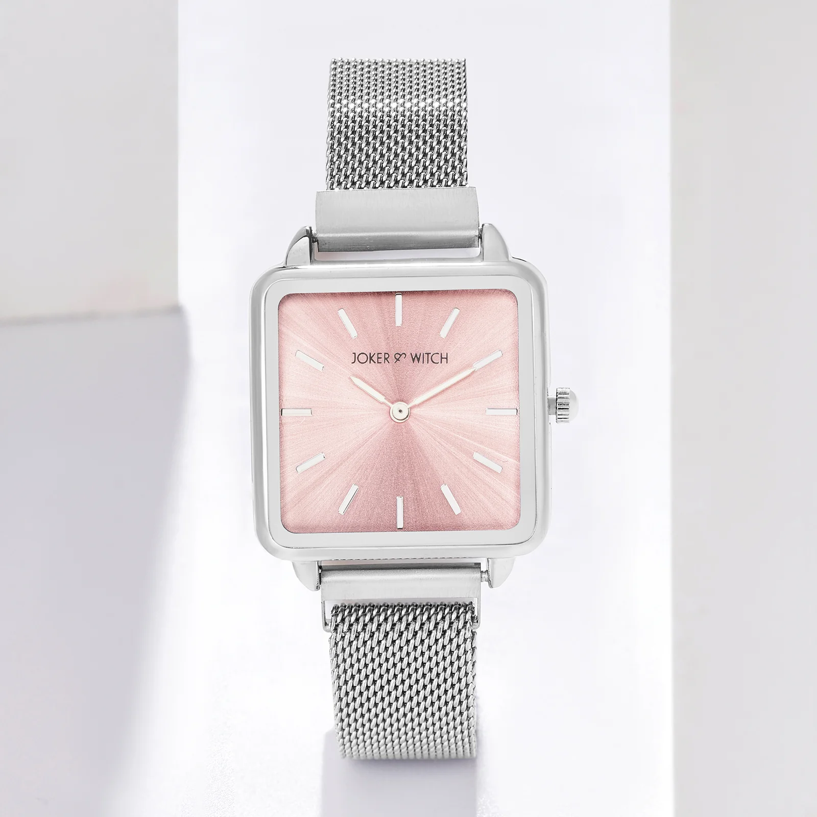 Vintage Pink Small Square Dial Silver Mesh Strap Women's Watch - Image 2