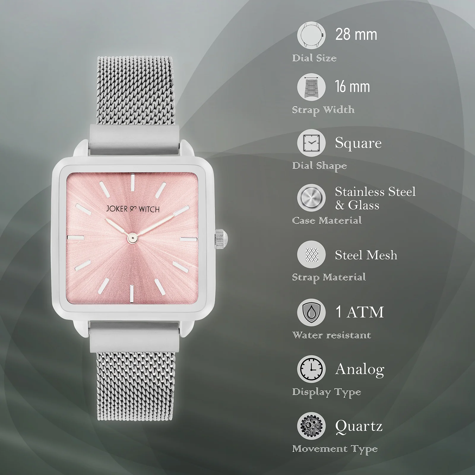 Vintage Pink Small Square Dial Silver Mesh Strap Women's Watch - Image 7