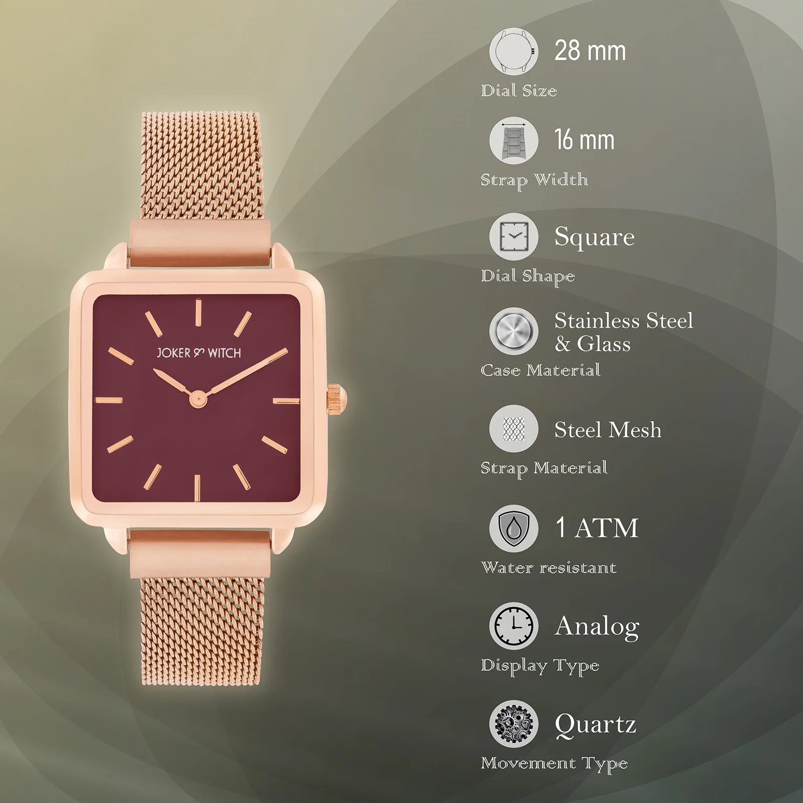 Vintage Maroon Small Square Dial Rose Gold Mesh Strap Women's Watch - Image 7