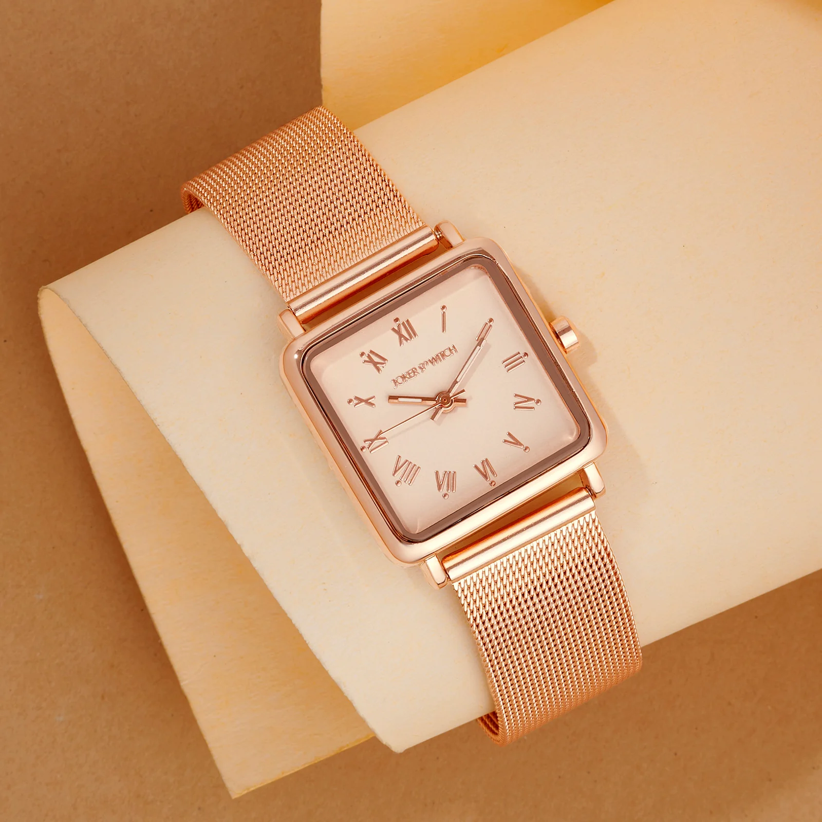 Vintage Rose Gold Small Square Dial Mesh Strap Women's Watch