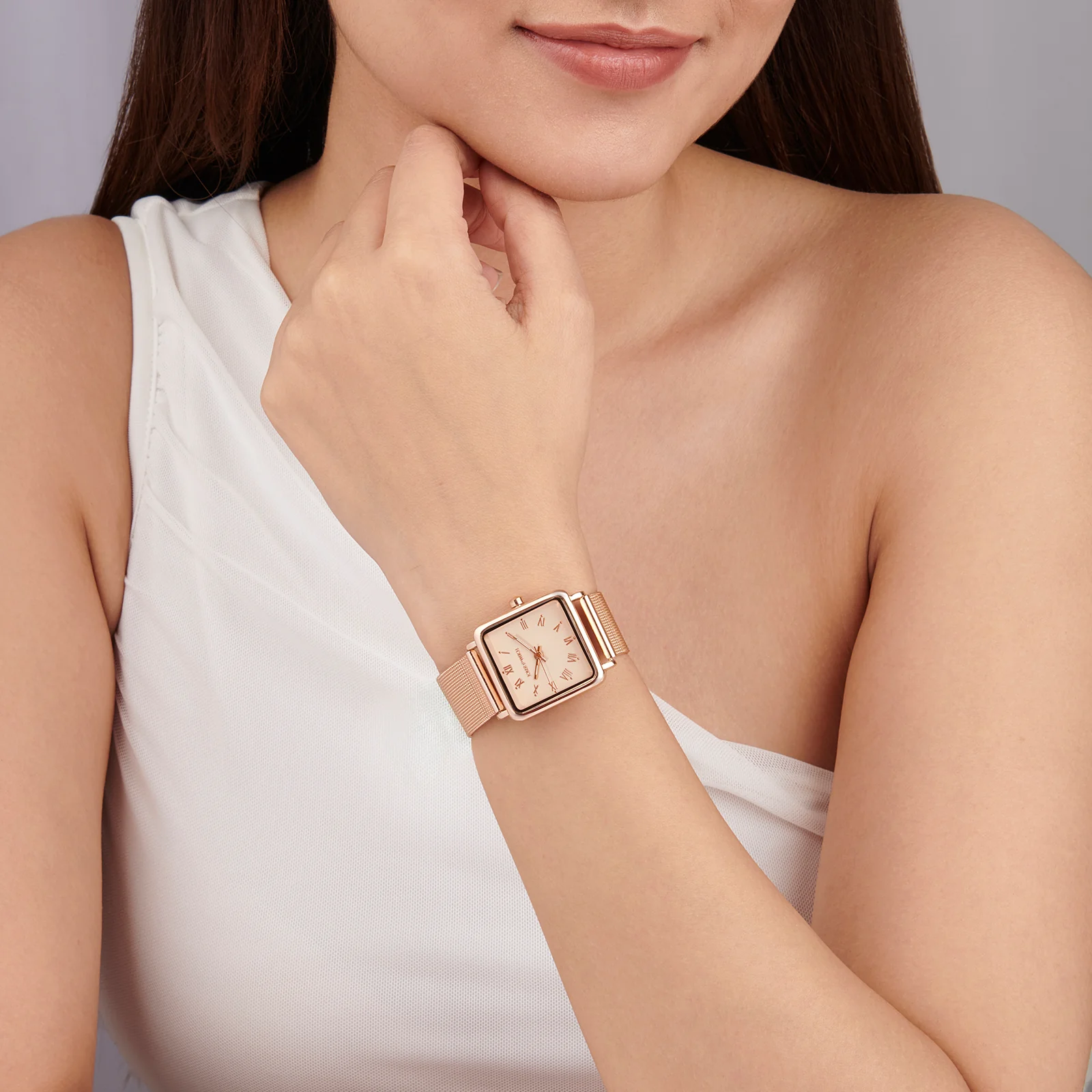Vintage Rose Gold Small Square Dial Mesh Strap Women's Watch - Image 2