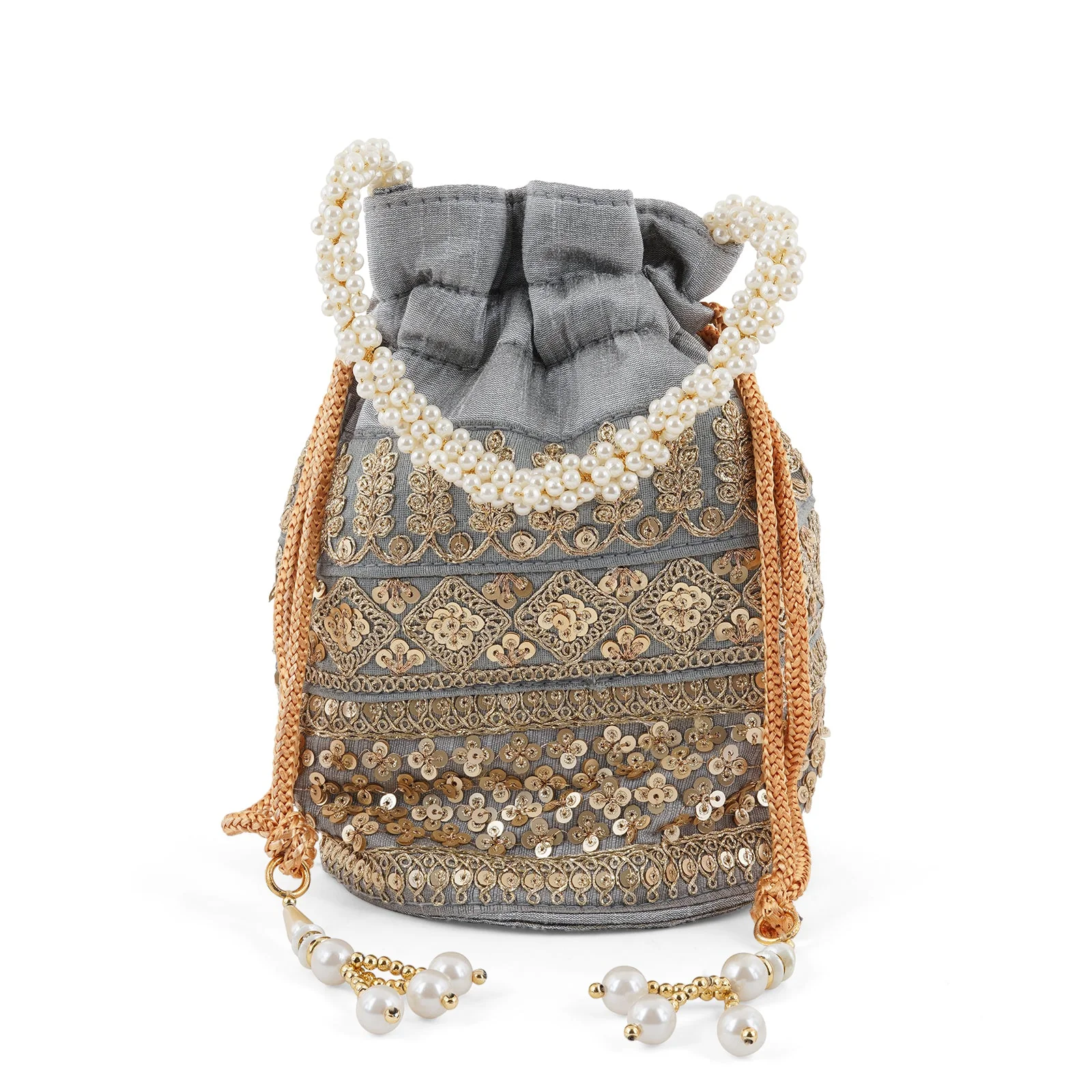 Wedding Bells Grey Embroidered Potli Bag - Image 3