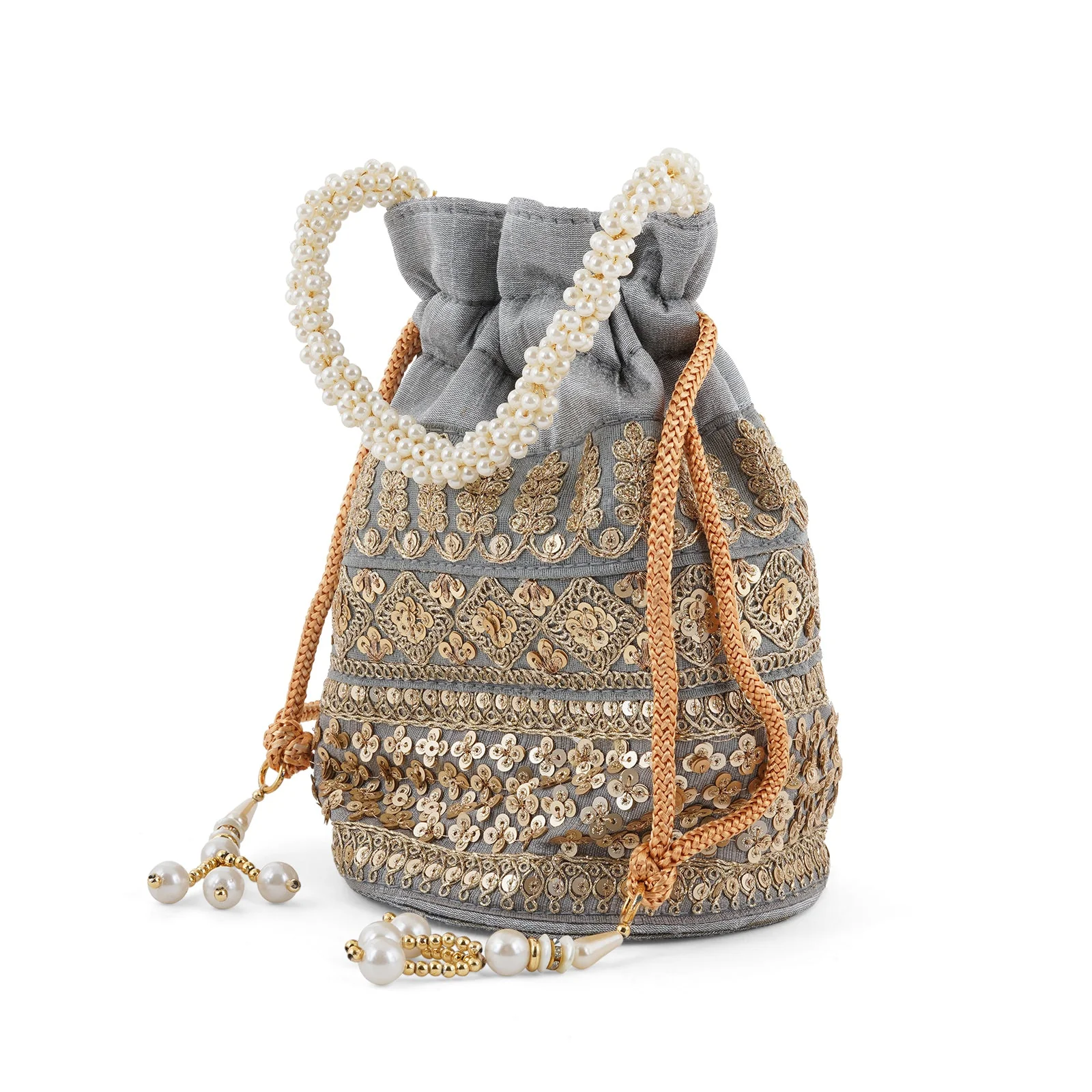 Wedding Bells Grey Embroidered Potli Bag - Image 4