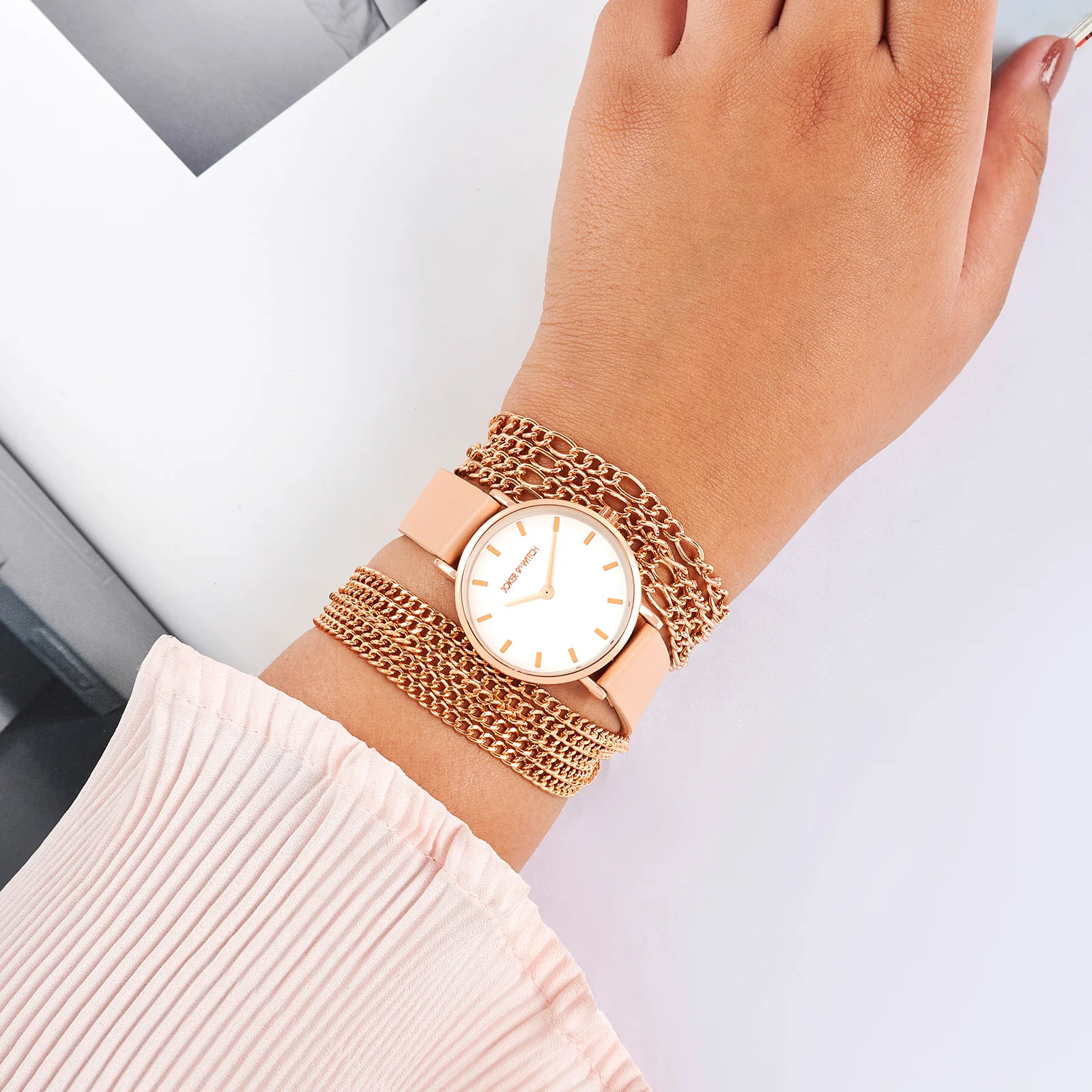 Winona White Medium Dial Beige PU-Chain Wrap Around Strap Women's Watch - Image 2