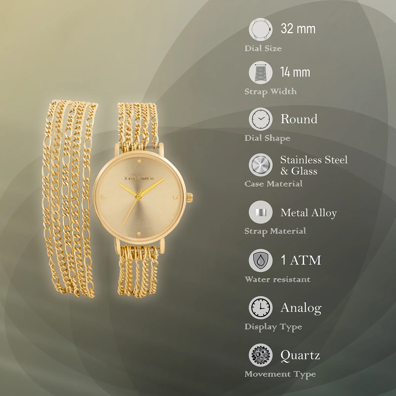 Zelda Gold Medium Dial Chain Wrap Around Strap Women's Watch - Image 7