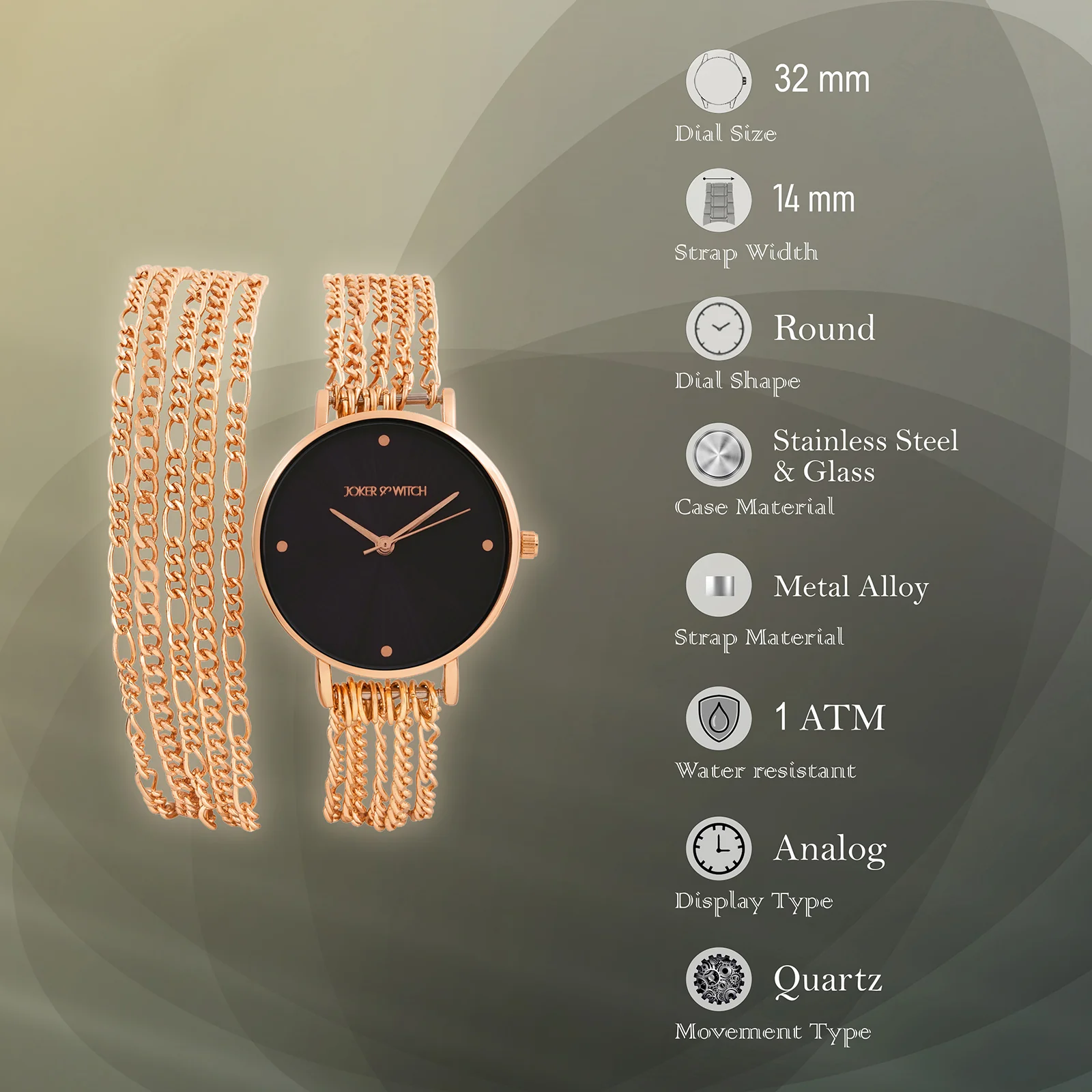Zelda Black Medium Dial Rose Gold Chain Wrap Around Strap Women's Watch - Image 7