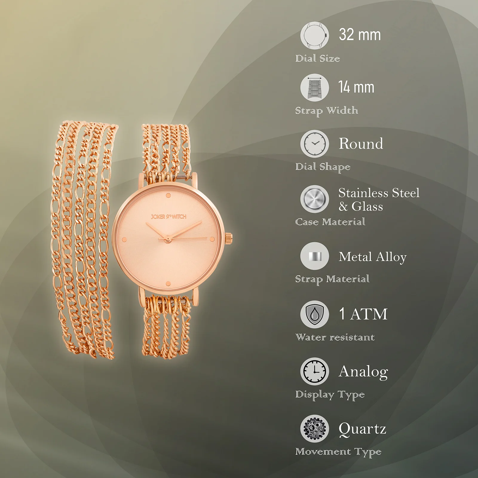 Zelda Rose Gold Medium Dial Chain Wrap Around Strap Women's Watch - Image 7