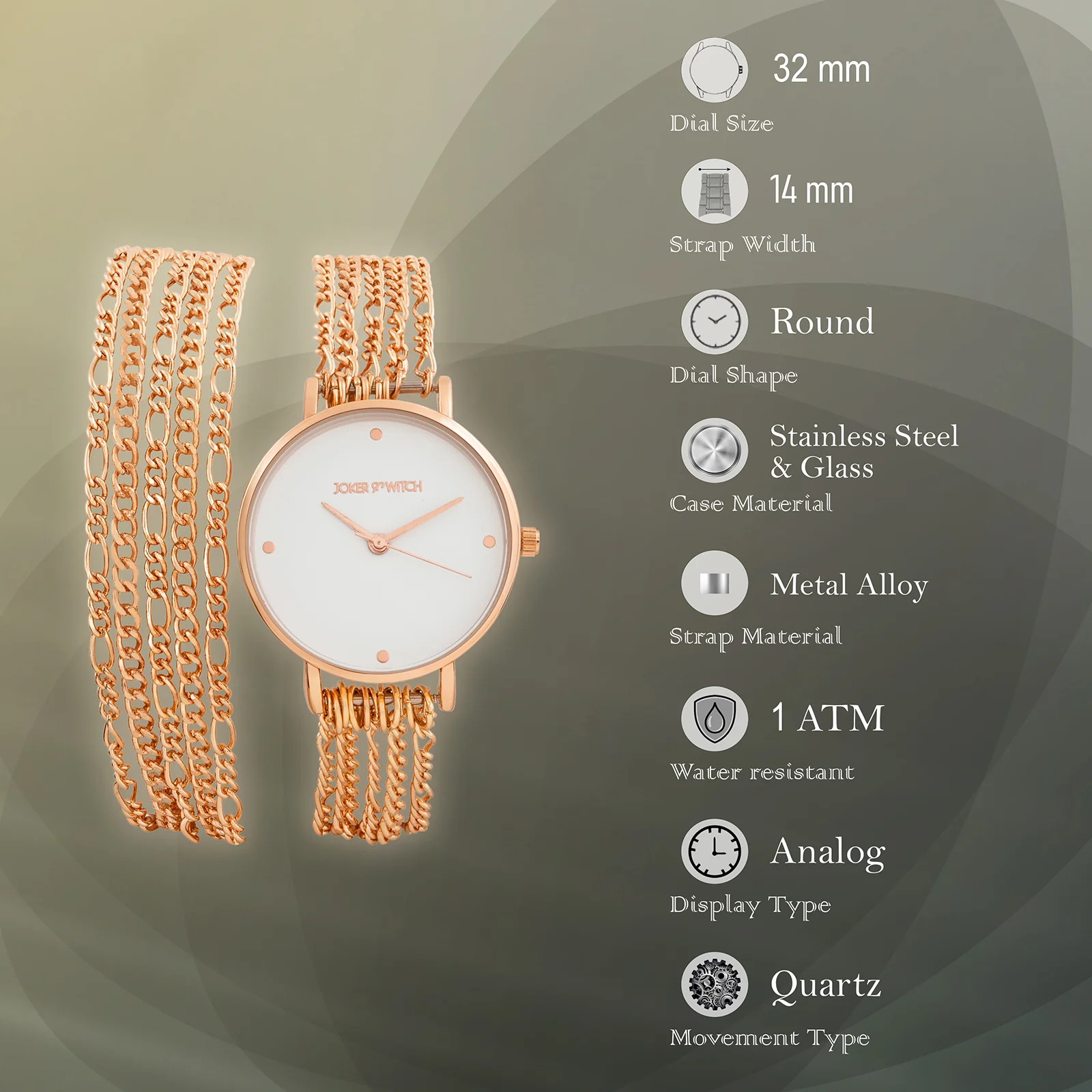 Zelda White Medium Dial Rose Gold Chain Wrap Around Strap Women's Watch - Image 7