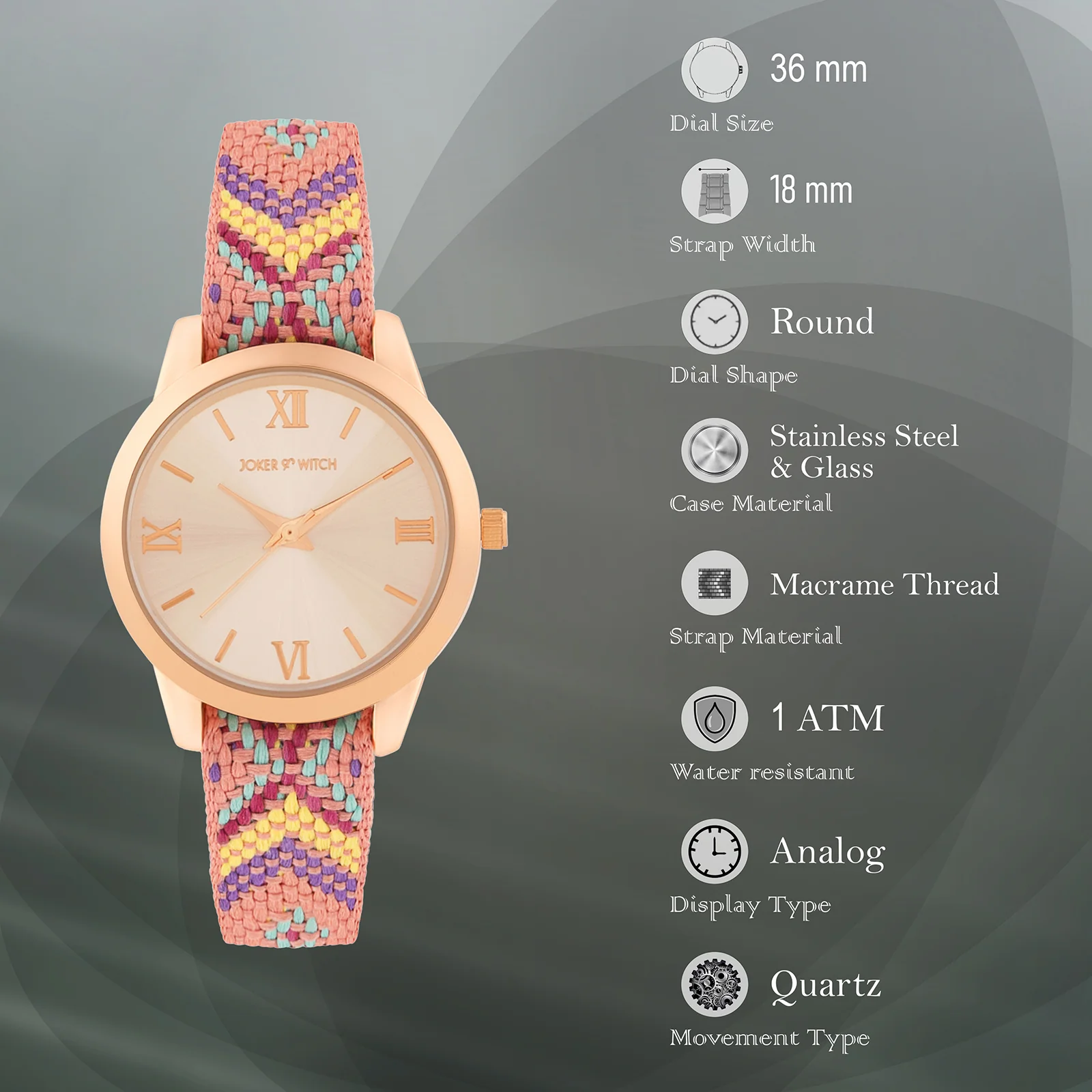 Zen Loom Rose Gold Medium Dial Pink Macrame Strap Women's Watch - Image 7