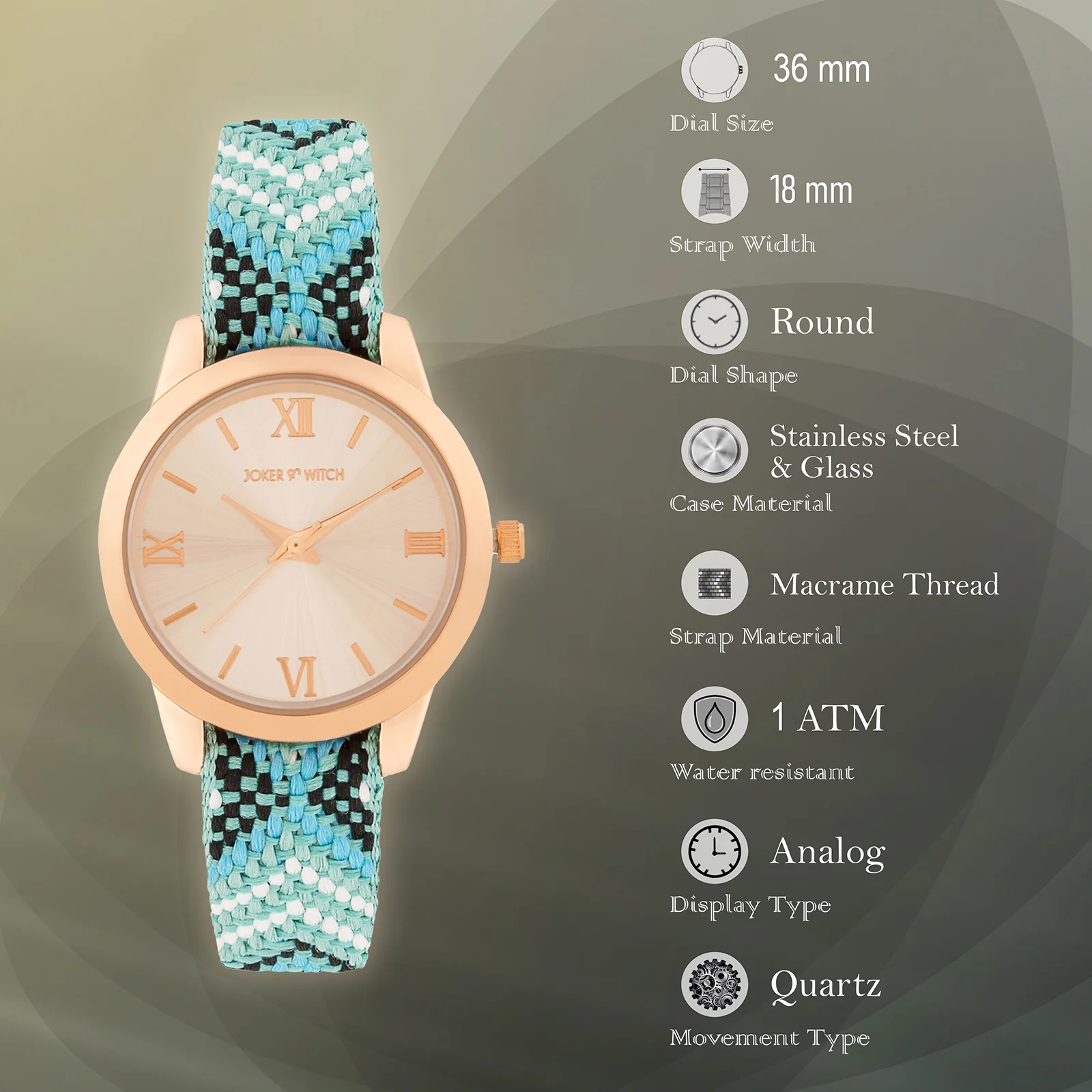 Zen Loom Rose Gold Medium Dial Green Macrame Strap Women's Watch - Image 7