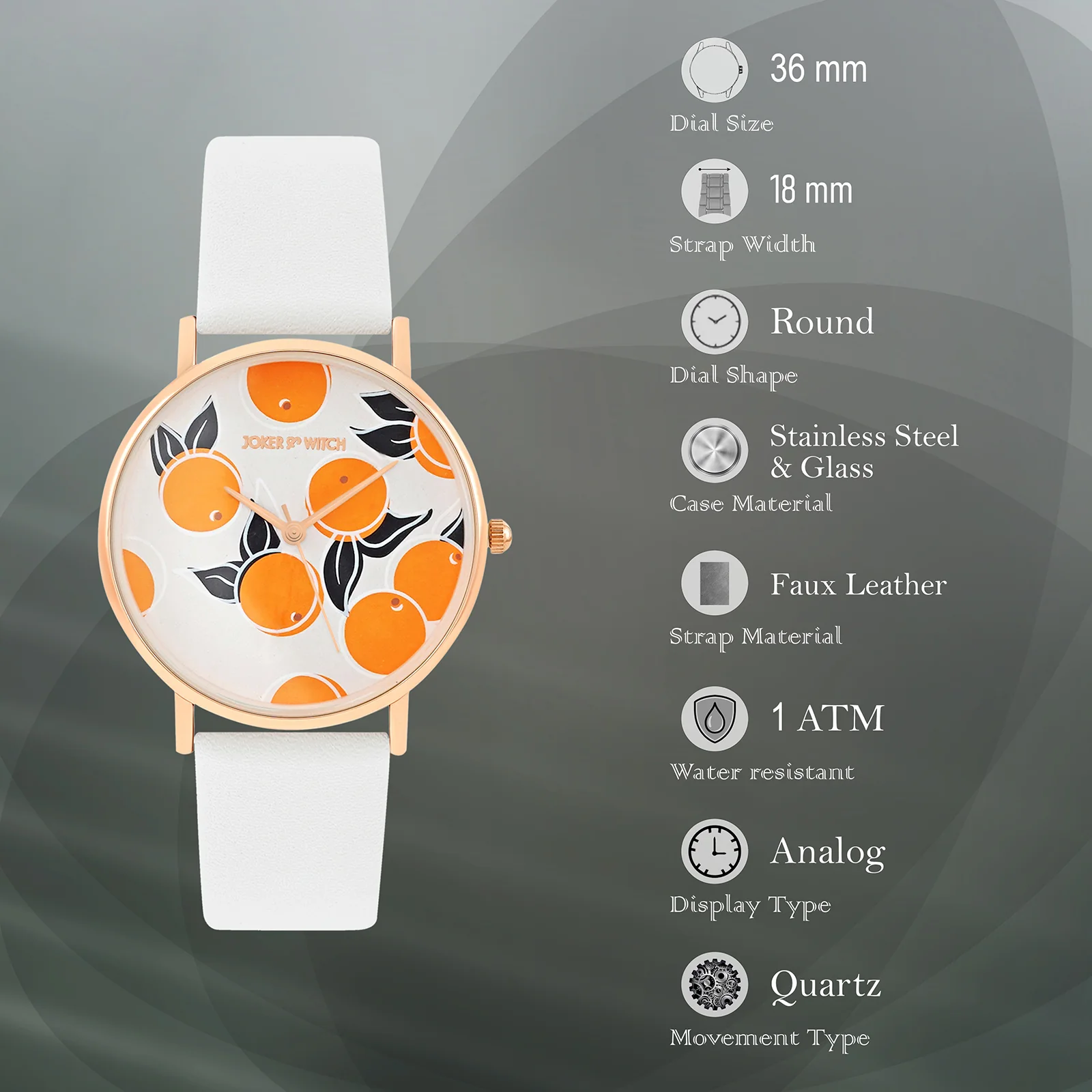 Printed Zesty Orange Medium Dial White PU Strap Women's Watch - Image 7