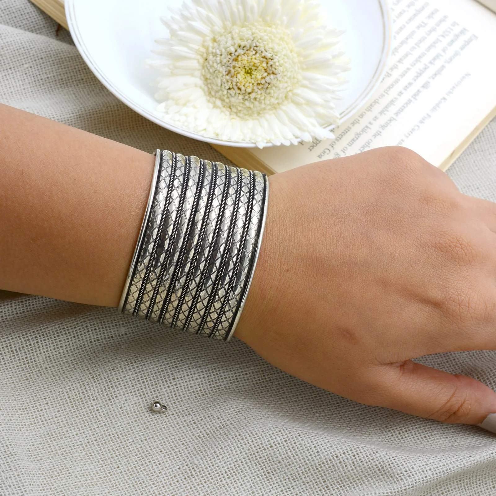 Zia Embossed Silver Oxidized Cuff - Image 2