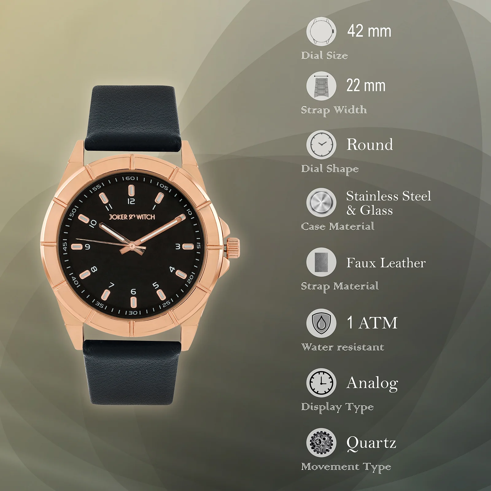 Zonda Rose Gold Black Large Dial PU Strap Men's Watch - Image 7